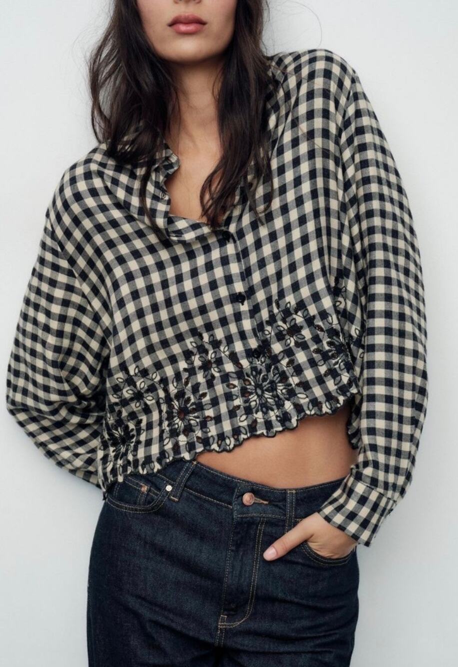 Zara Gingham Cropped Button Down Embroidered Long Sleeve Top Black Check size S